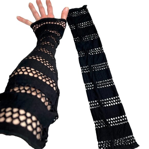 Black Fishnet Arm Warmers Cotton Cyber Goth Fingerless Gloves Cut Out Bandage OS - Picture 1 of 5
